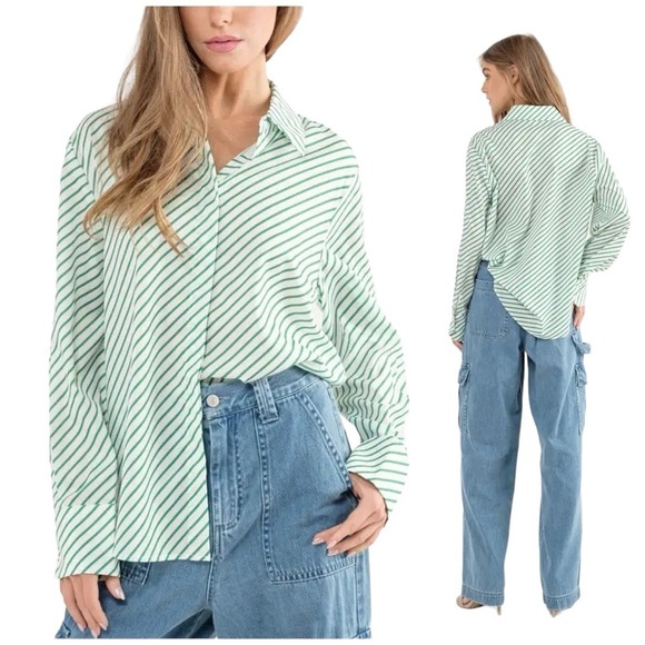 Aaron & Amber Striped Oversized Relaxed Fit Button Up Shirt in Kelly Green - Picture 1 of 12